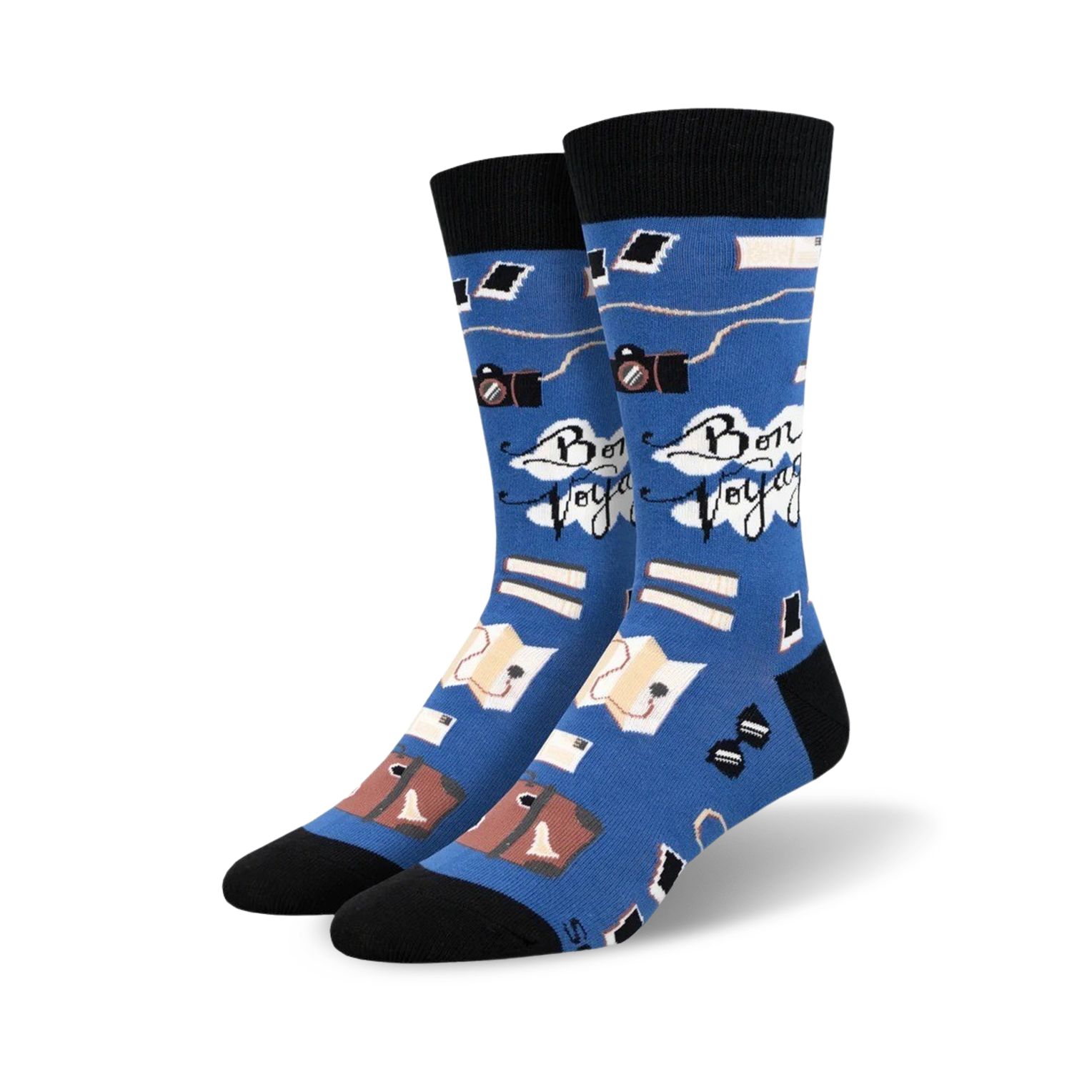 Pair of blue crew socks with black cuffs. Design includes cameras, books, luggage, and 'Bon Voyage' text.