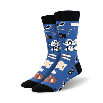 blue crew socks for men featuring colorful illustrations of travel-related items.   