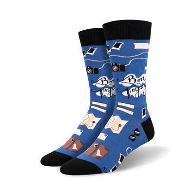 blue crew socks for men featuring colorful illustrations of travel-related items.   