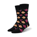 Pair of black crew socks with repeating pattern of cartoon onions in yellow and purple with small tears, shown from the side.