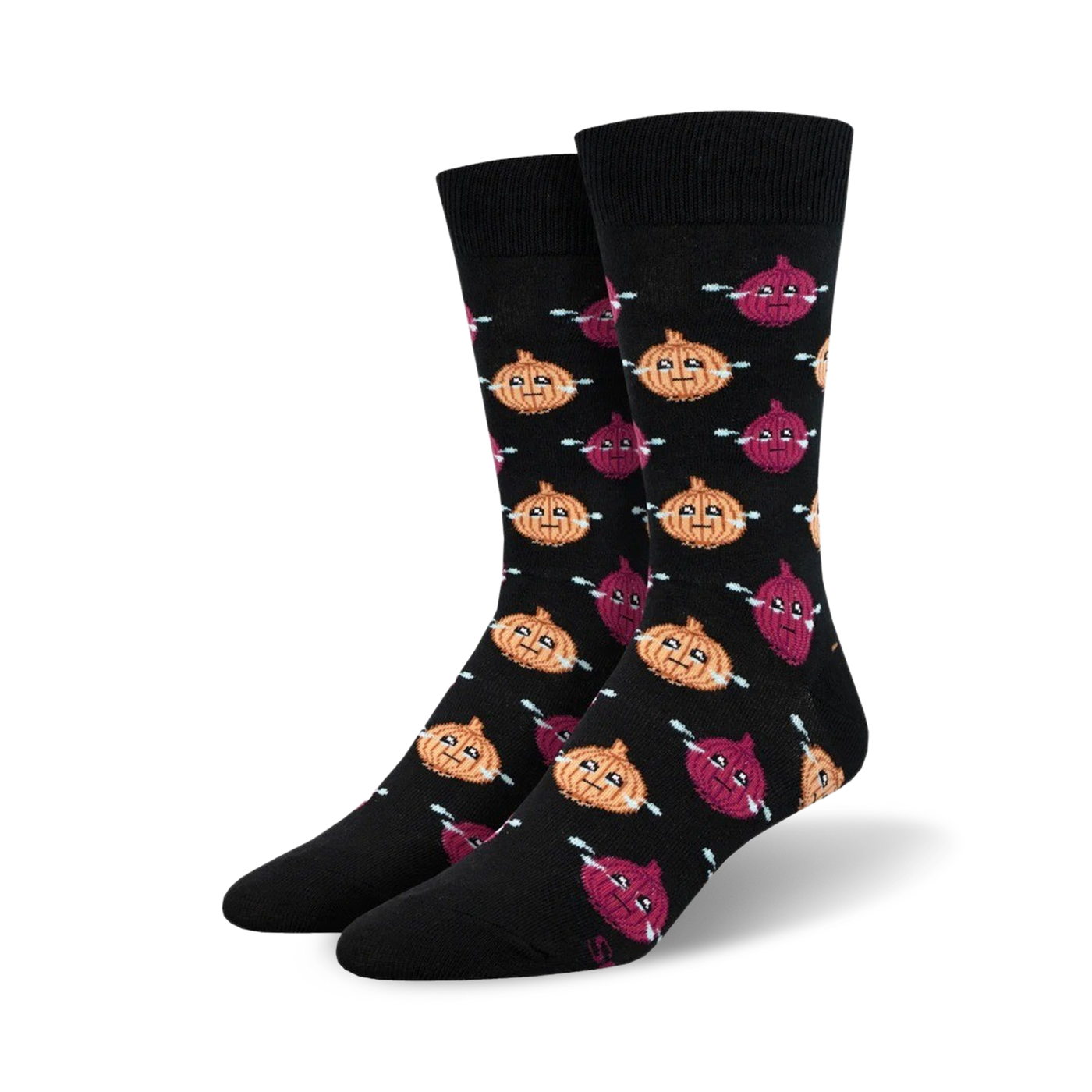 Pair of black crew socks with repeating pattern of cartoon onions in yellow and purple with small tears, shown from the side.