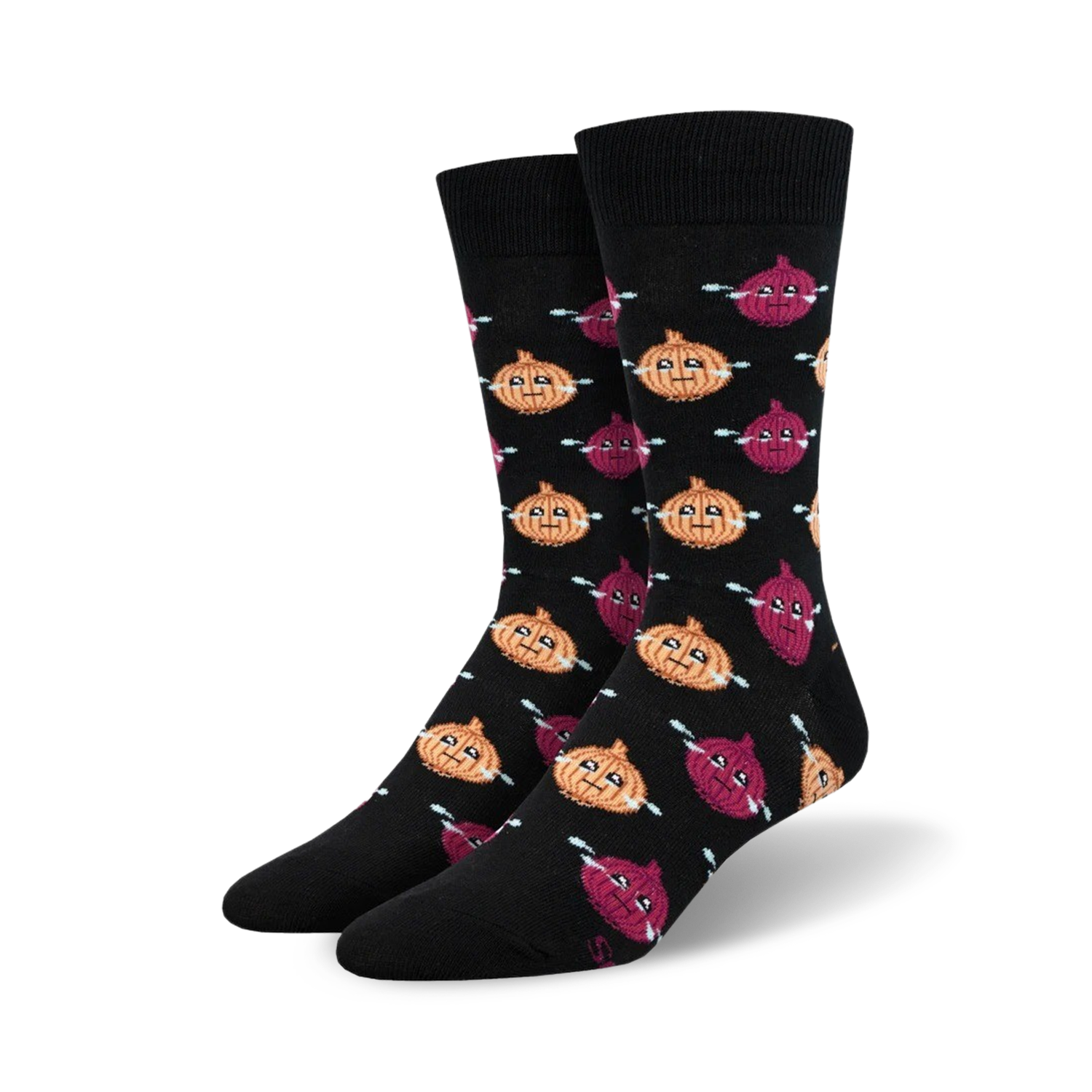 Pair of black crew socks with repeating pattern of cartoon onions in yellow and purple with small tears, shown from the side.