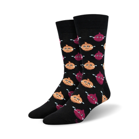 crew length men's crying onion socks in black with a cartoonish red and yellow onion shedding tears.   