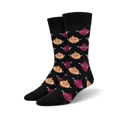 crew length men's crying onion socks in black with a cartoonish red and yellow onion shedding tears.   