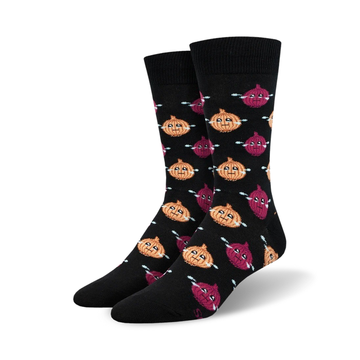 crew length men's crying onion socks in black with a cartoonish red and yellow onion shedding tears.    }}