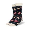 Pair of crew socks with a navy blue background, featuring illustrated gyoza and red dipping sauce packets. Off-white cuffs.