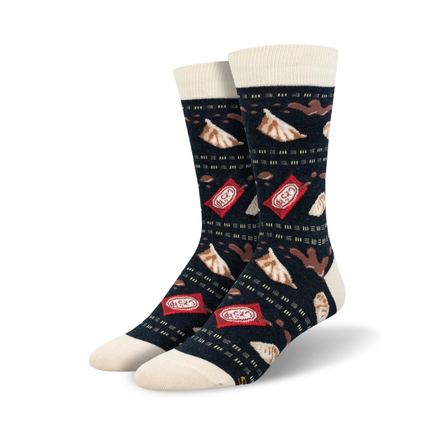 Pair of crew socks with a navy blue background, featuring illustrated gyoza and red dipping sauce packets. Off-white cuffs.