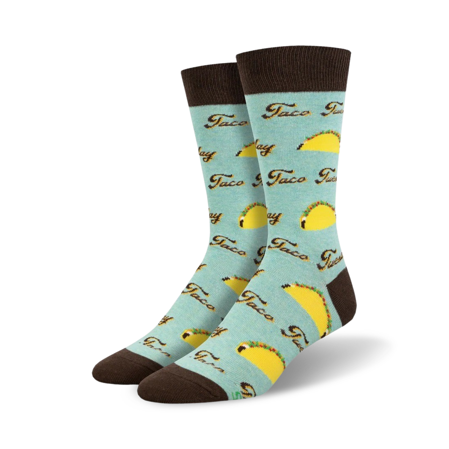 Pair of crew socks; light teal, brown cuffs; all-over print of yellow tacos and 'Taco Tuesday' text.