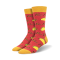 Lifestyle shot showing the red 'Taco Tuesday' socks on a person's feet.