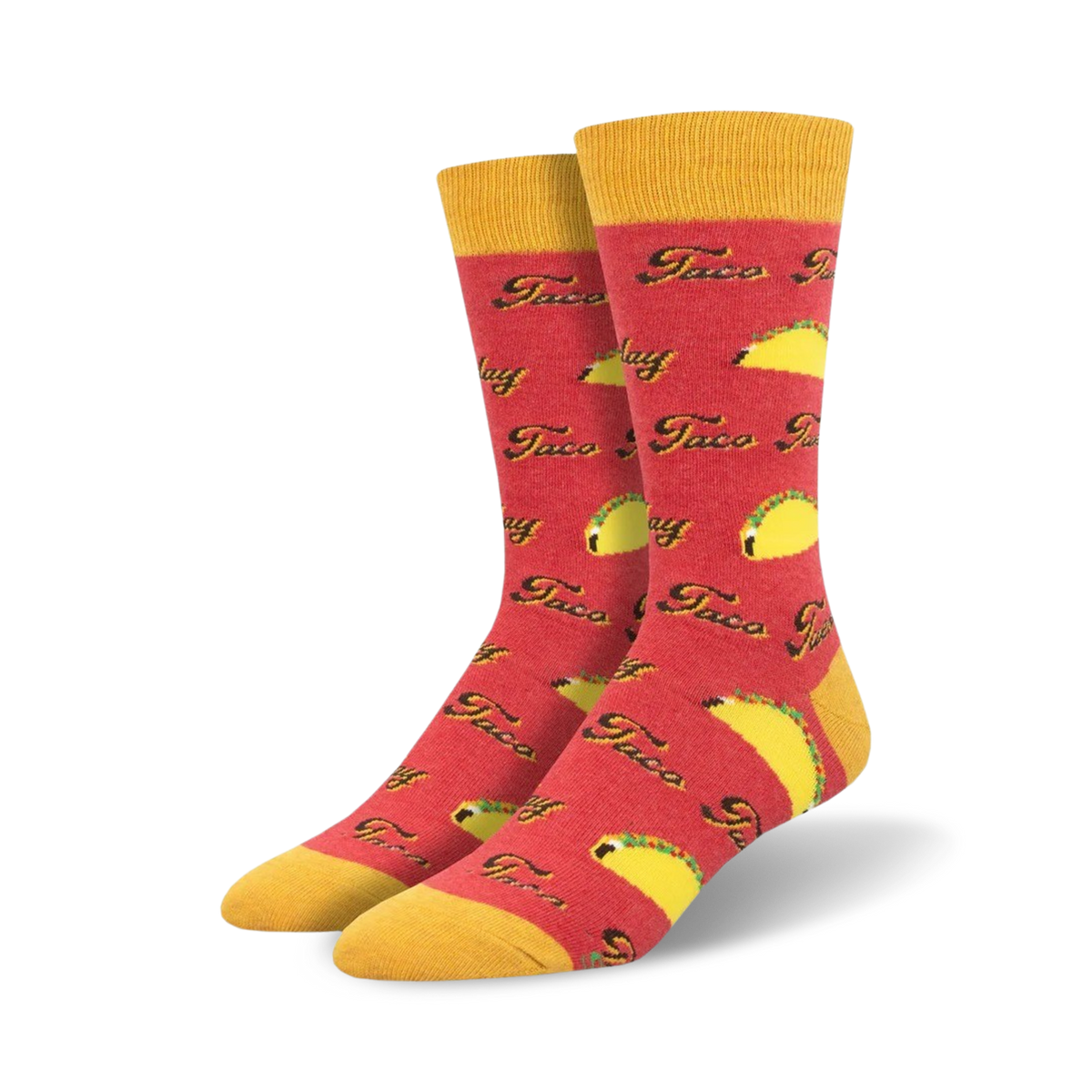 Lifestyle shot showing the red 'Taco Tuesday' socks on a person's feet.