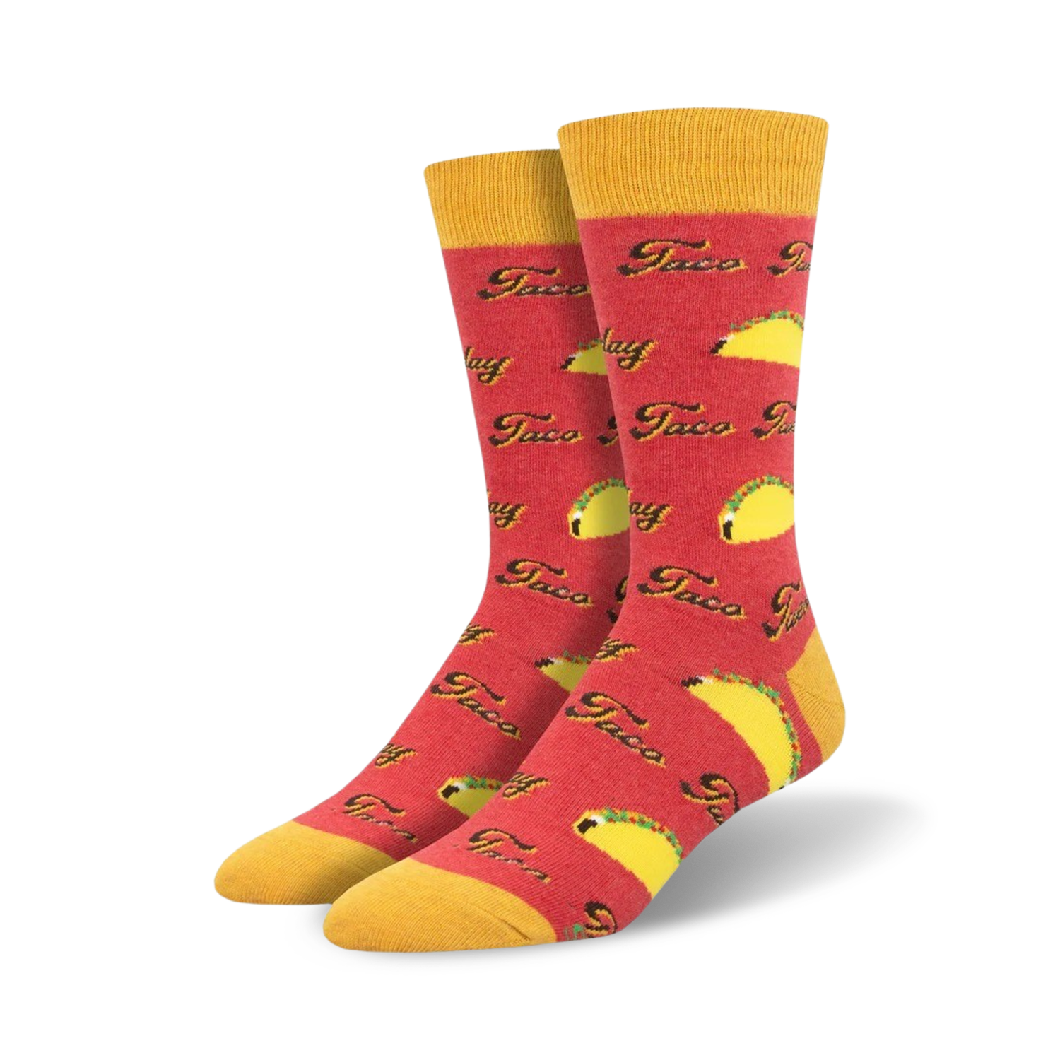 Lifestyle shot showing the red 'Taco Tuesday' socks on a person's feet.