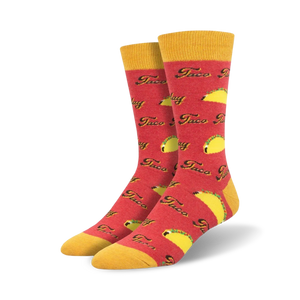 red crew socks with bright taco pattern and lettering. taco tuesday theme, fun and colorful. men's size.   