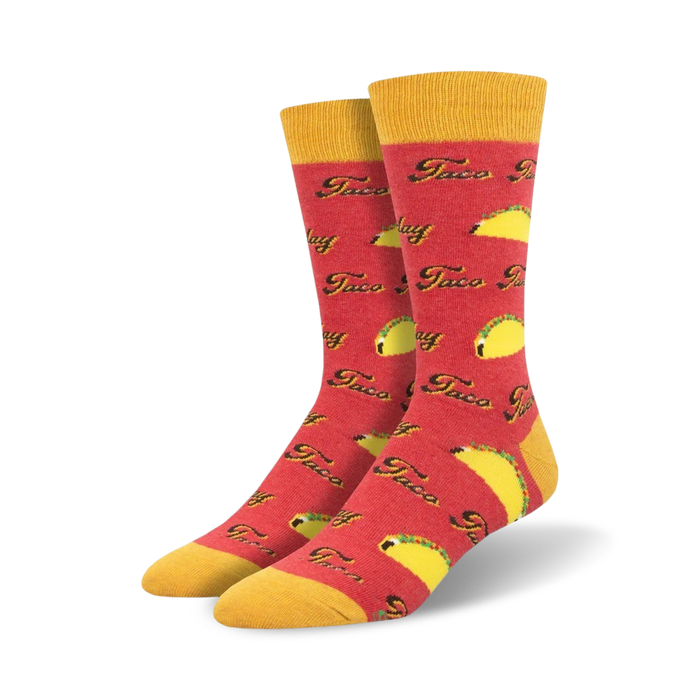 red crew socks with bright taco pattern and lettering. taco tuesday theme, fun and colorful. men's size.   