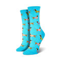 Pair of women's crew socks; light teal background with repeating pattern of brown dachshunds wearing colorful sweaters.