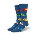 A pair of crew socks in blue with a repeating pattern of colorful pixelated food trucks. 
