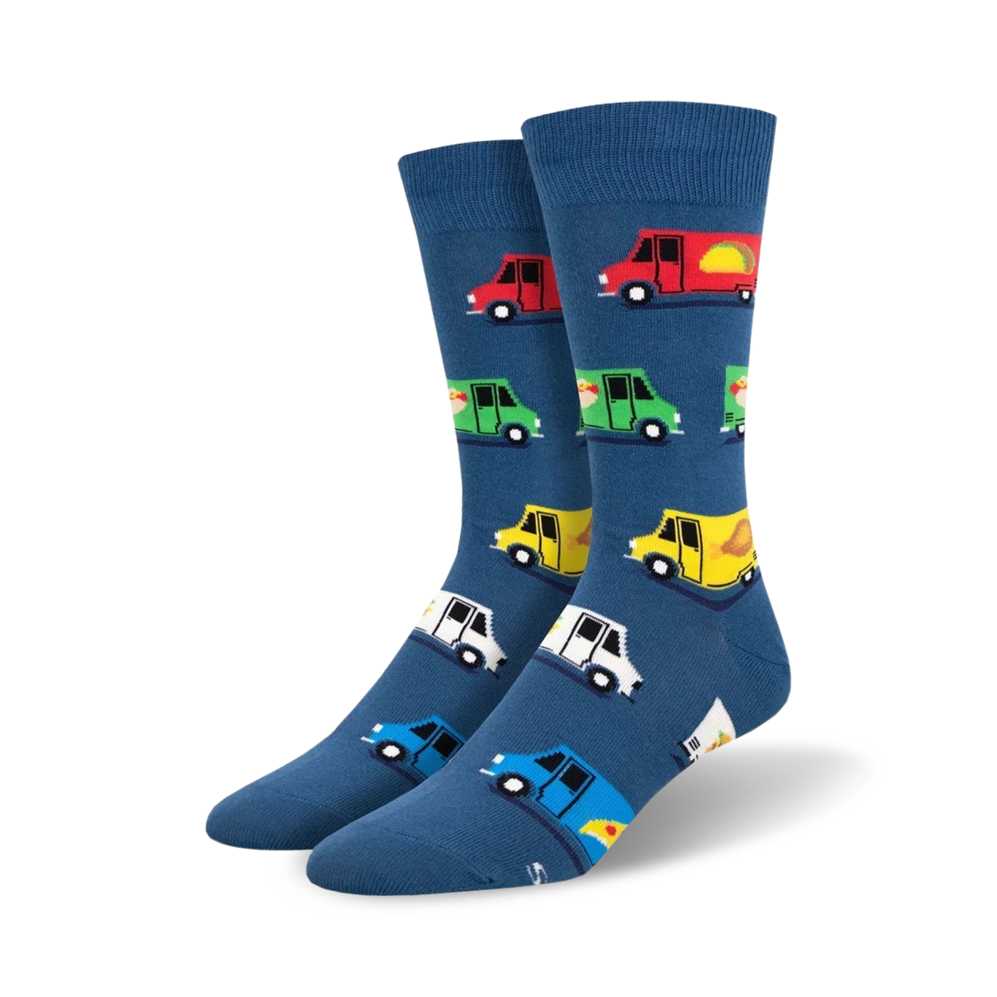 A pair of crew socks in blue with a repeating pattern of colorful pixelated food trucks. 
