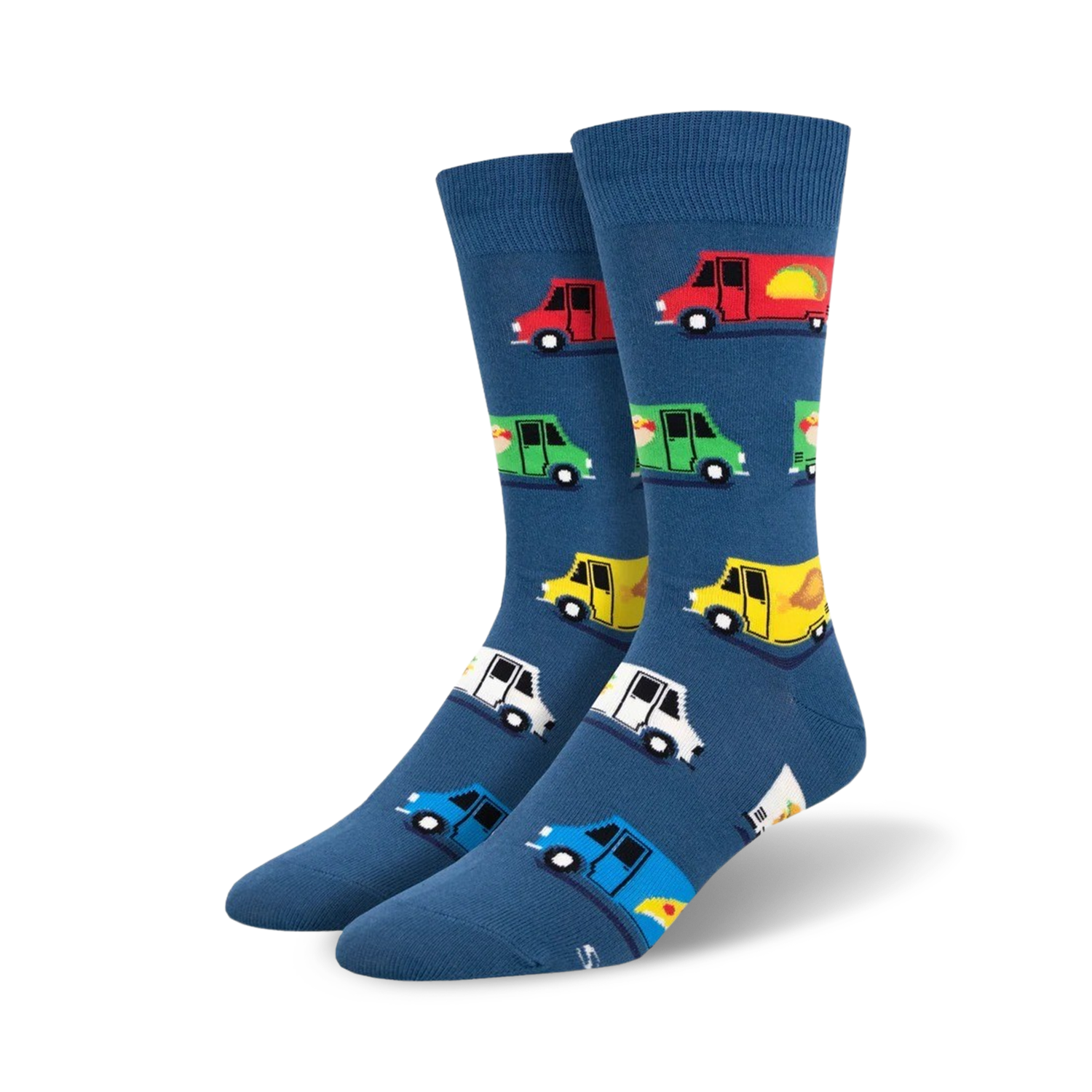 A pair of crew socks in blue with a repeating pattern of colorful pixelated food trucks. 