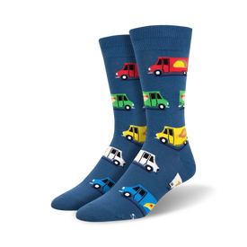 colorful crew socks with a food truck pattern, featuring red, green, yellow, white, and blue food trucks.   