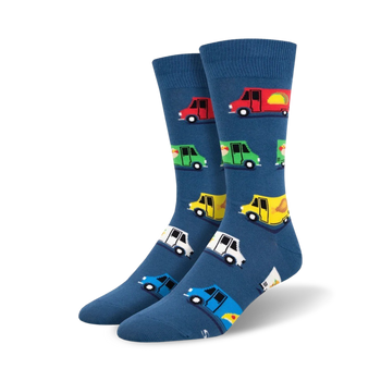 colorful crew socks with a food truck pattern, featuring red, green, yellow, white, and blue food trucks.   