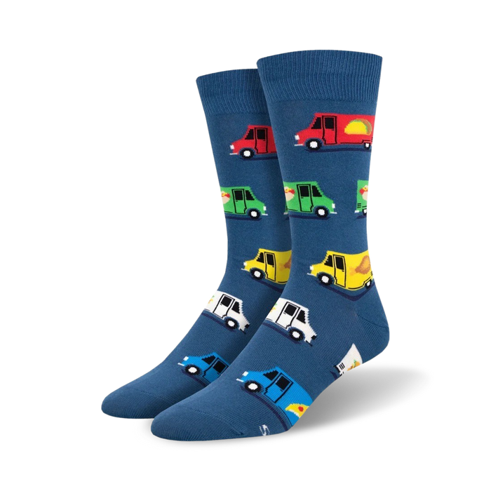 colorful crew socks with a food truck pattern, featuring red, green, yellow, white, and blue food trucks.    }}