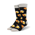 Pair of crew socks with a black background.  The design features repeating images of happy pizza slices and beer mugs.