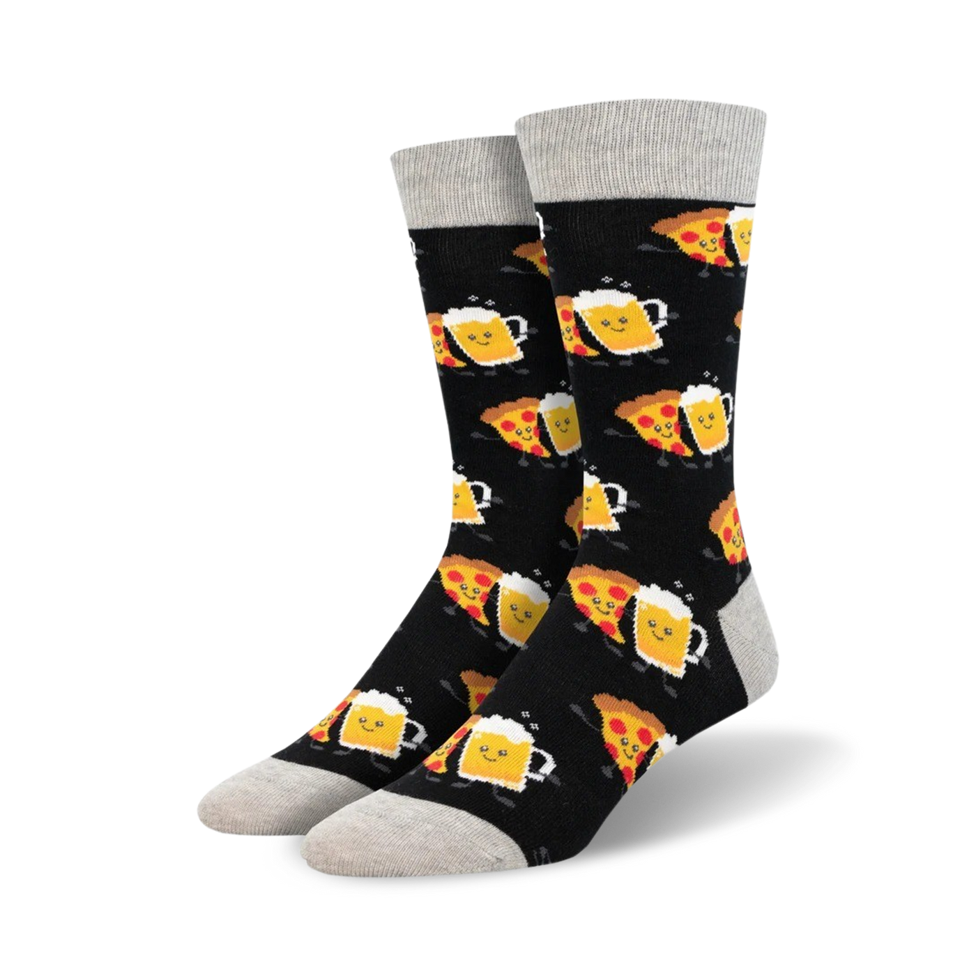 Pair of crew socks with a black background.  The design features repeating images of happy pizza slices and beer mugs.