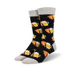 Pair of crew socks with a black background.  The design features repeating images of happy pizza slices and beer mugs.