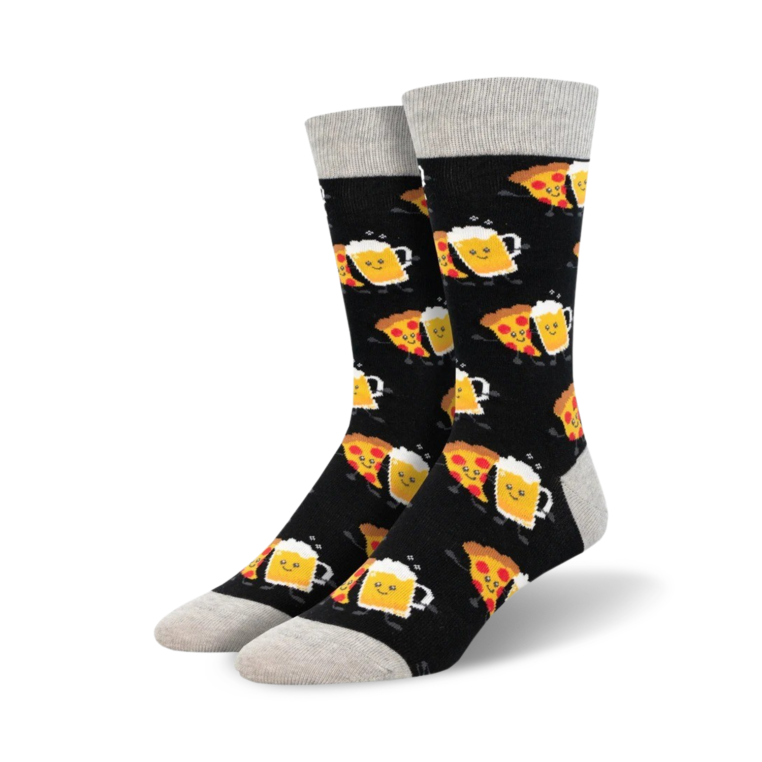 Pair of crew socks with a black background.  The design features repeating images of happy pizza slices and beer mugs.