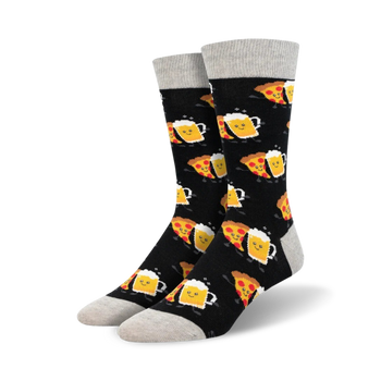 black crew socks with cartoon pizza slices and beer mugs with smiley faces pattern.  