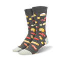 Pair of crew socks with a charcuterie board design.  Dark grey background with illustrations of cheese, sausage, bread, and other charcuterie items in yellow, red, and white.