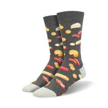 mens crew socks with cured meat and cheese pattern.  