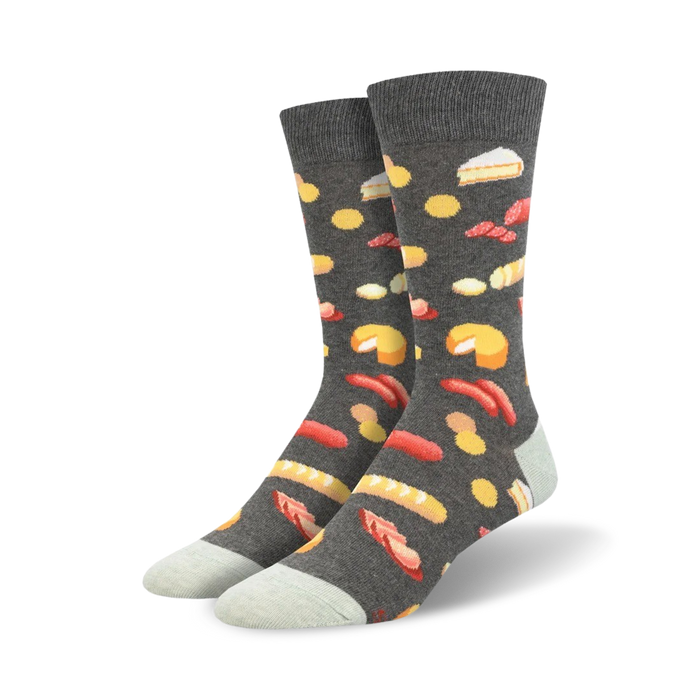 mens crew socks with cured meat and cheese pattern.   }}