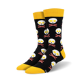 A pair of black crew socks with a fun design.  Yellow-topped socks feature skulls made of fried eggs and crossed bacon bones.
