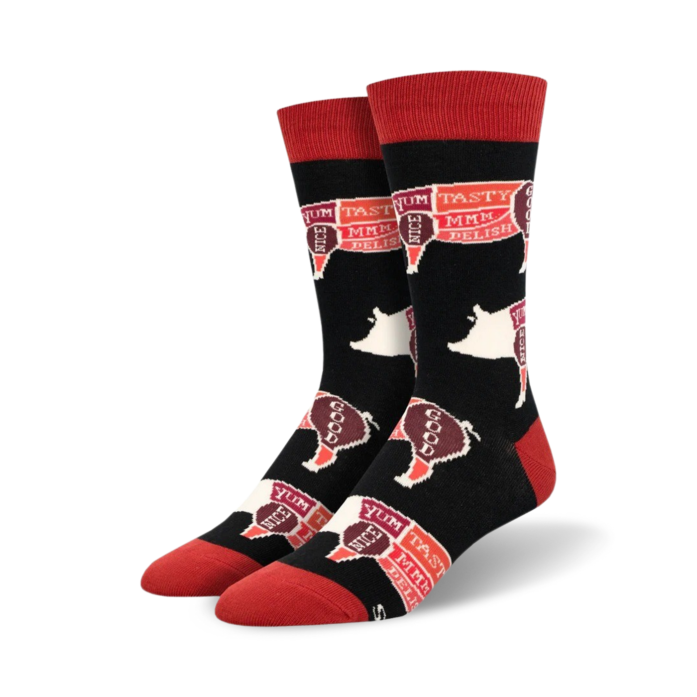 Pair of black crew socks with red and white pig illustrations and tasting notes.  Words like 'yum', 'tasty', and 'good' decorate each pig.