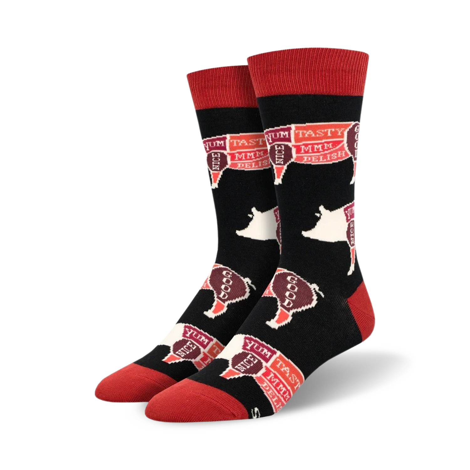 Pair of black crew socks with red and white pig illustrations and tasting notes.  Words like 'yum', 'tasty', and 'good' decorate each pig.