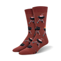 Pair of crew socks featuring a repeating pattern of black grills and flames on a rusty red background.