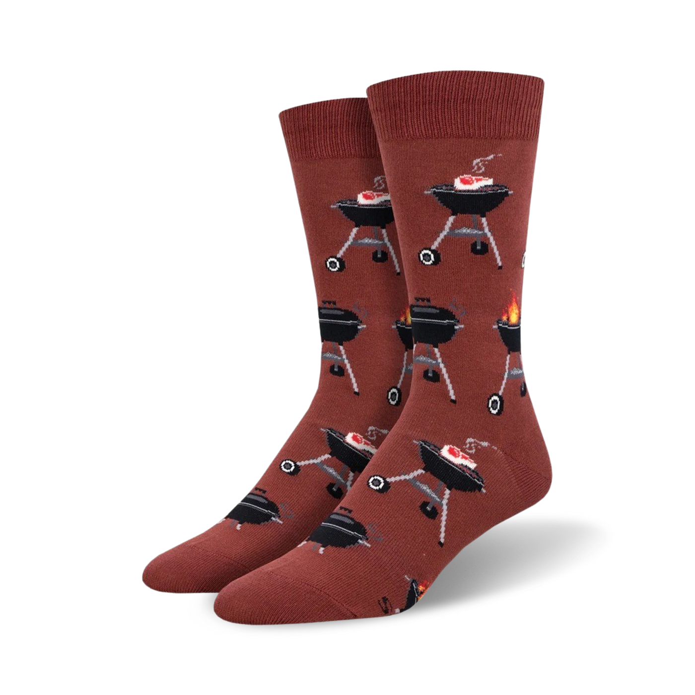 Pair of crew socks featuring a repeating pattern of black grills and flames on a rusty red background.