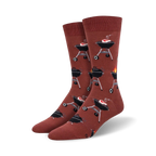 Pair of crew socks featuring a repeating pattern of black grills and flames on a rusty red background.