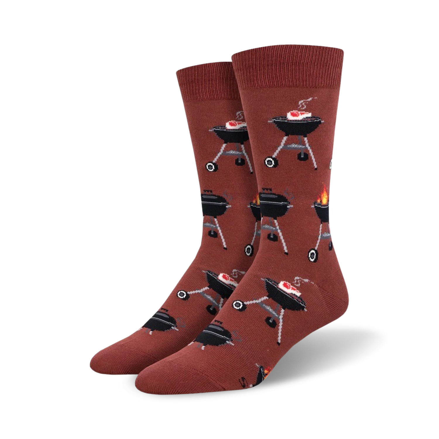 Pair of crew socks featuring a repeating pattern of black grills and flames on a rusty red background.