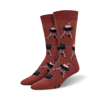 fired up socks: crew length bbq themed socks for men with cartoon grills, flames, and red steaks.   