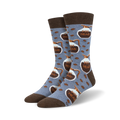 Pair of crew socks in blue and brown, featuring a repeating pattern of coffee pots and coffee beans with the words 'Pot Head'.