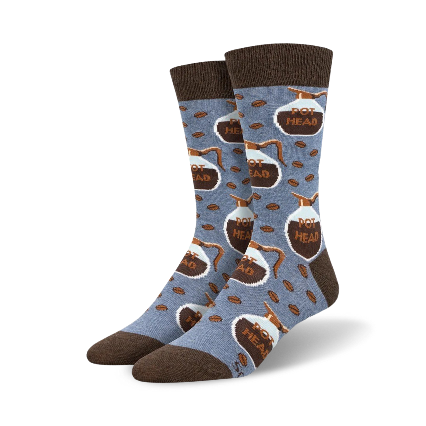 Pair of crew socks in blue and brown, featuring a repeating pattern of coffee pots and coffee beans with the words 'Pot Head'.
