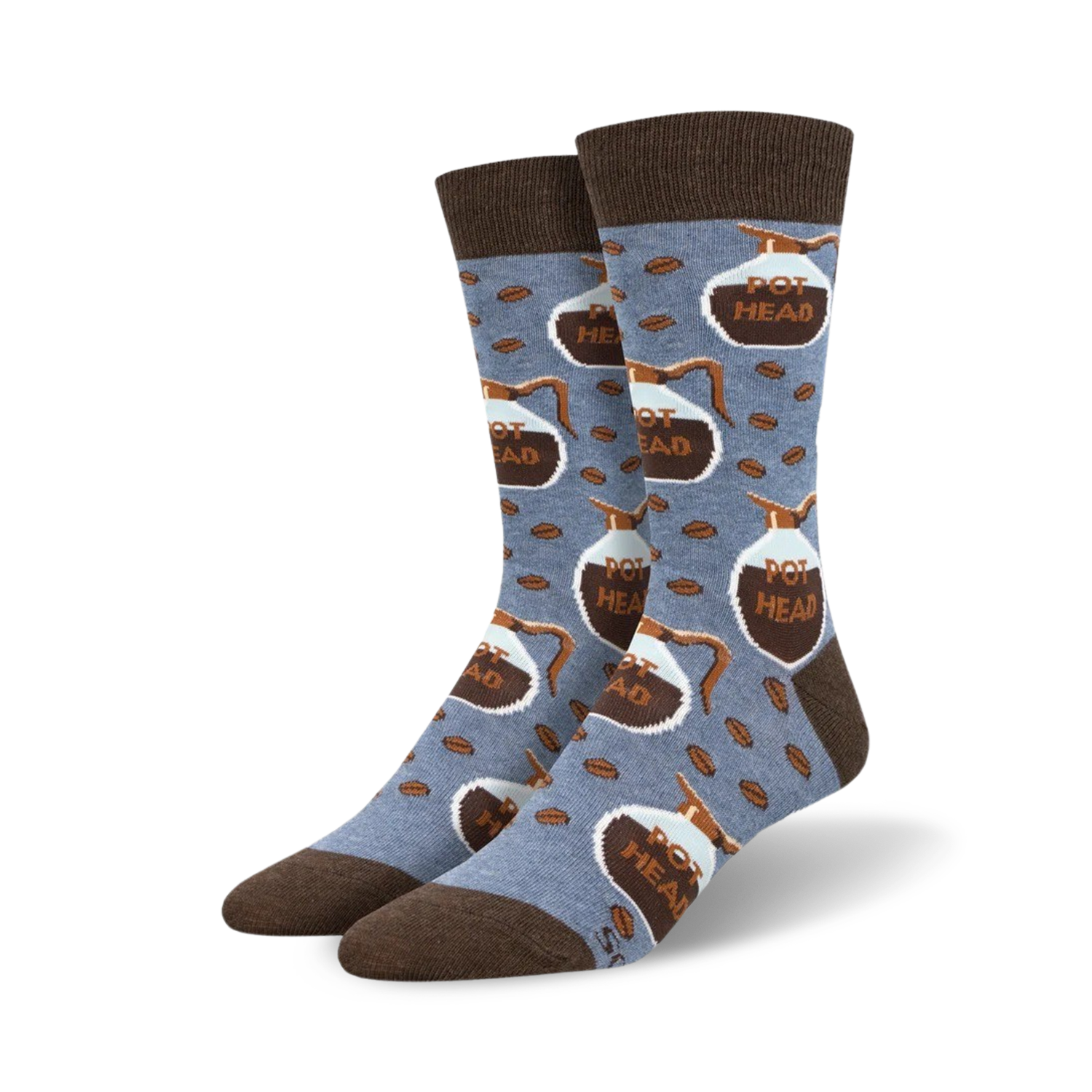 Pair of crew socks in blue and brown, featuring a repeating pattern of coffee pots and coffee beans with the words 'Pot Head'.