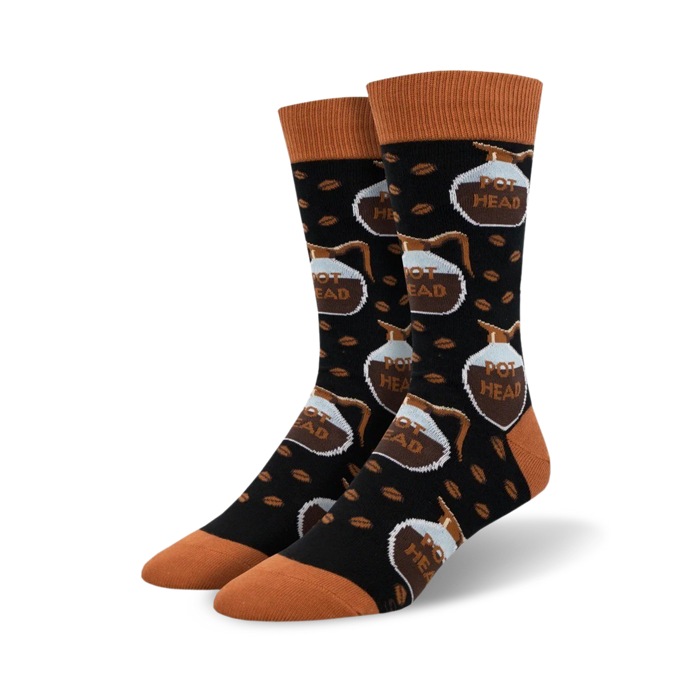 Lifestyle shot of a model wearing the black and brown 'Pot Head' socks.