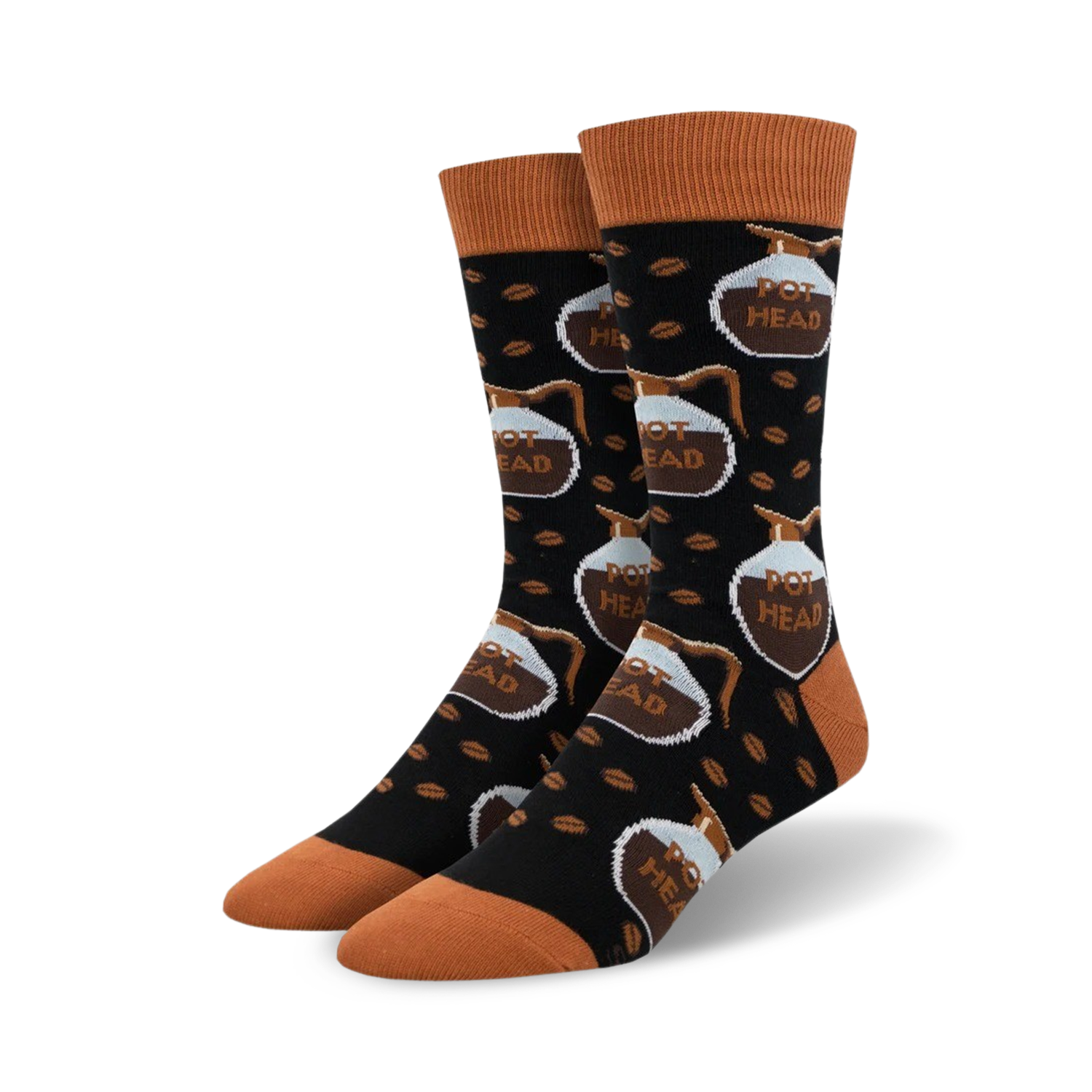 Lifestyle shot of a model wearing the black and brown 'Pot Head' socks.