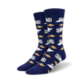 Pair of navy blue crew socks with a repeating pattern of silver toasters and golden-brown toast slices.