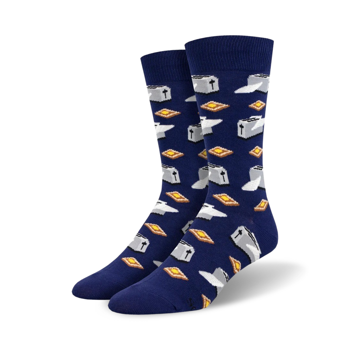 Pair of navy blue crew socks with a repeating pattern of silver toasters and golden-brown toast slices.