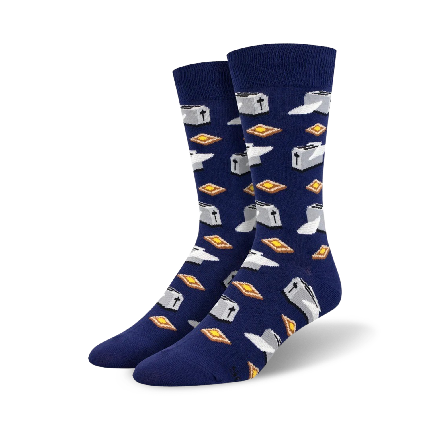 Pair of navy blue crew socks with a repeating pattern of silver toasters and golden-brown toast slices.