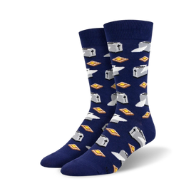 whimsical blue crew socks featuring toasters and buttered toast.   