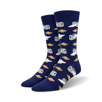 whimsical blue crew socks featuring toasters and buttered toast.   